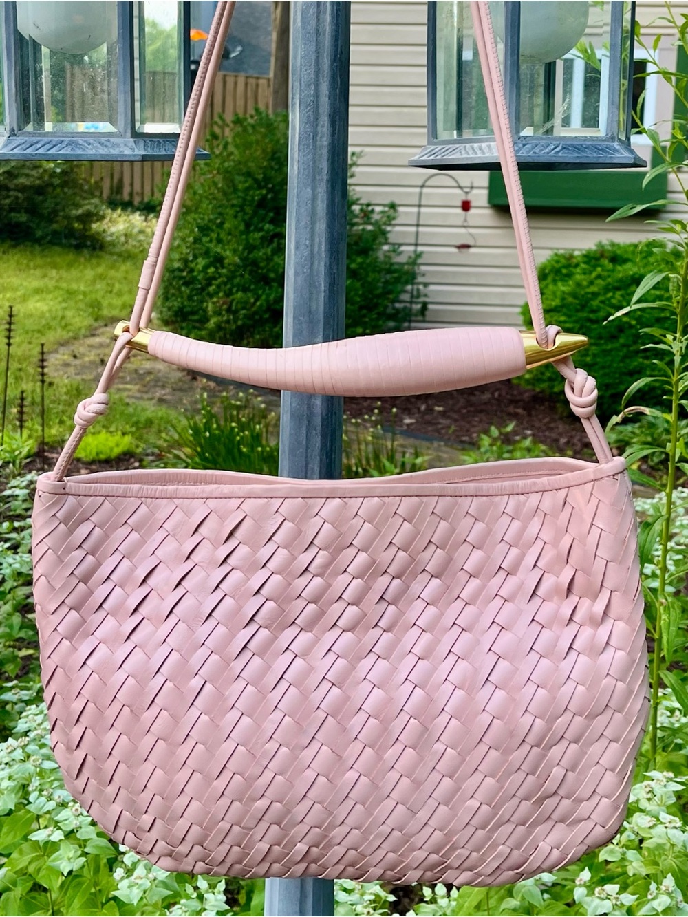 Walter Baker pink/blush Hazel leather woven tote bag, gold tone accent bar.